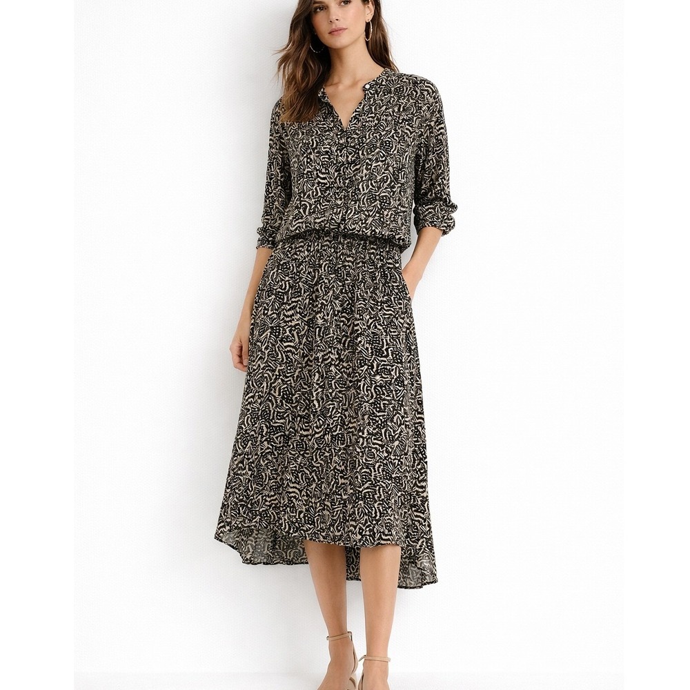 ba&sh Matching Set L Black Cream Print Blouse Midi Skirt French Chic